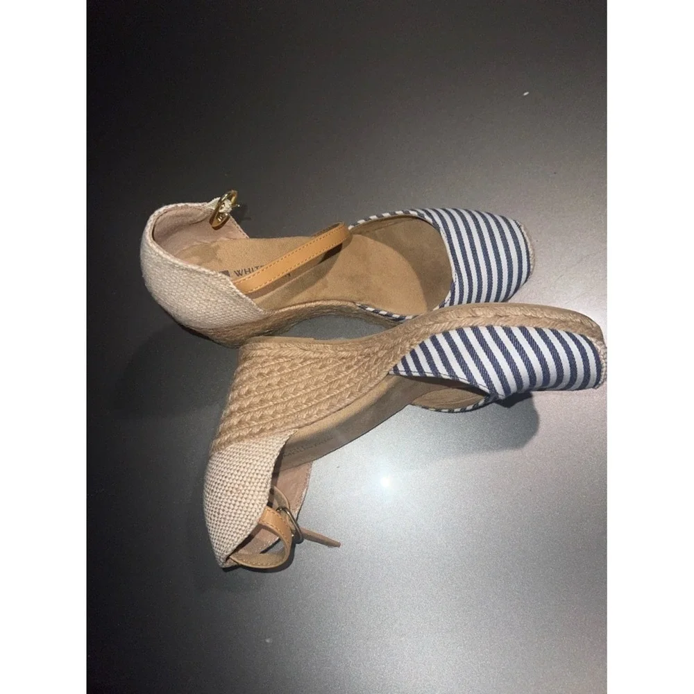 White Mountain Womens Blue White Striped Espadrille Wedge Sandals Ankle Strap